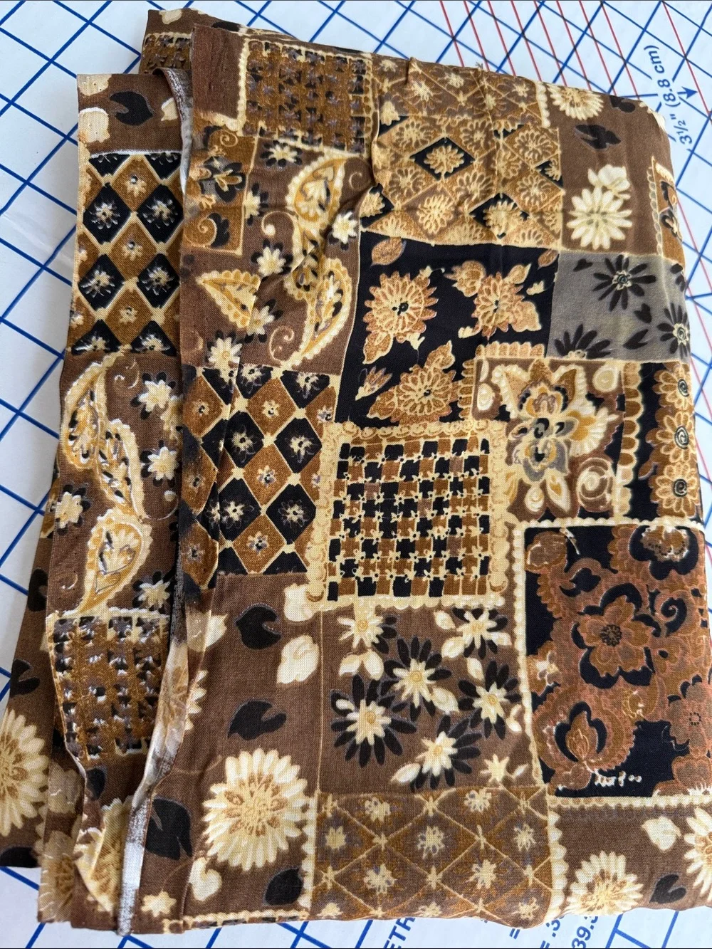 Vintage 1970s Patchwork Print Fabric Brown Floral Paisley 4+ Yards x 50